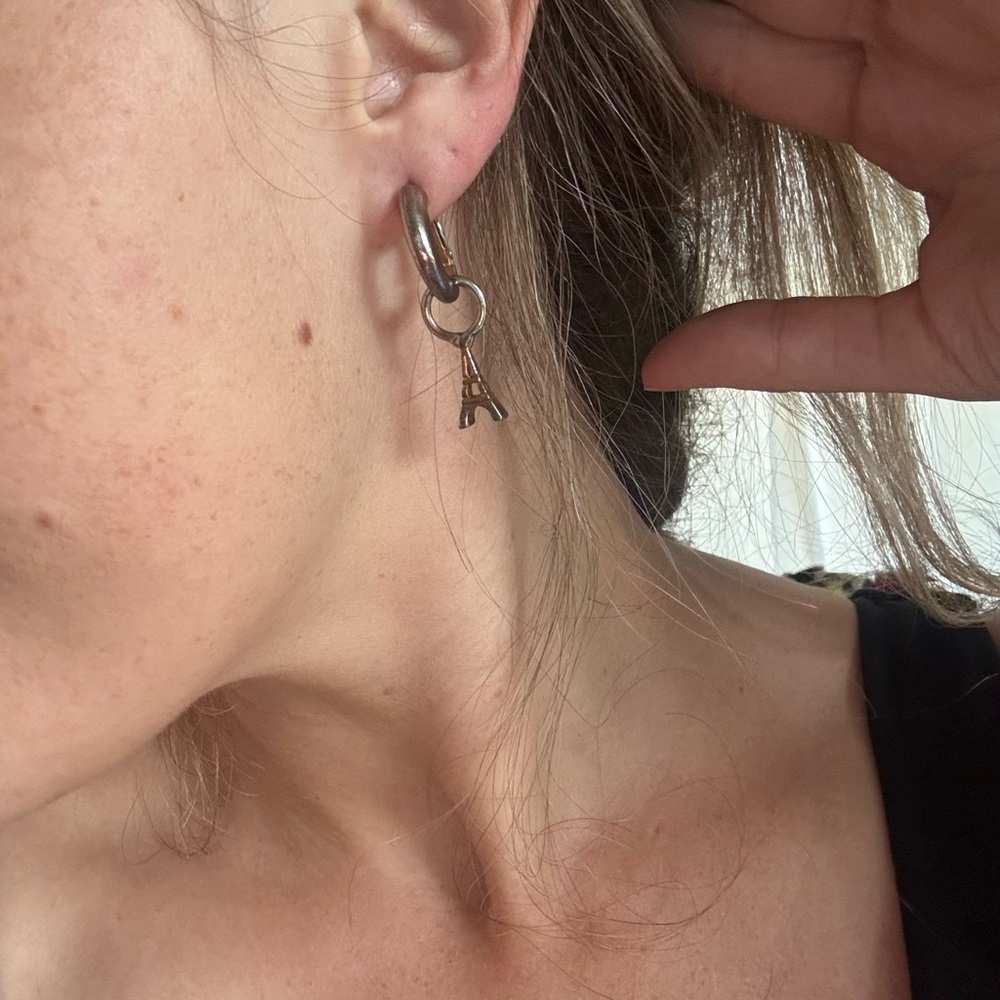 Silver and Gold Eiffel Tower Charm Hoop Earrings